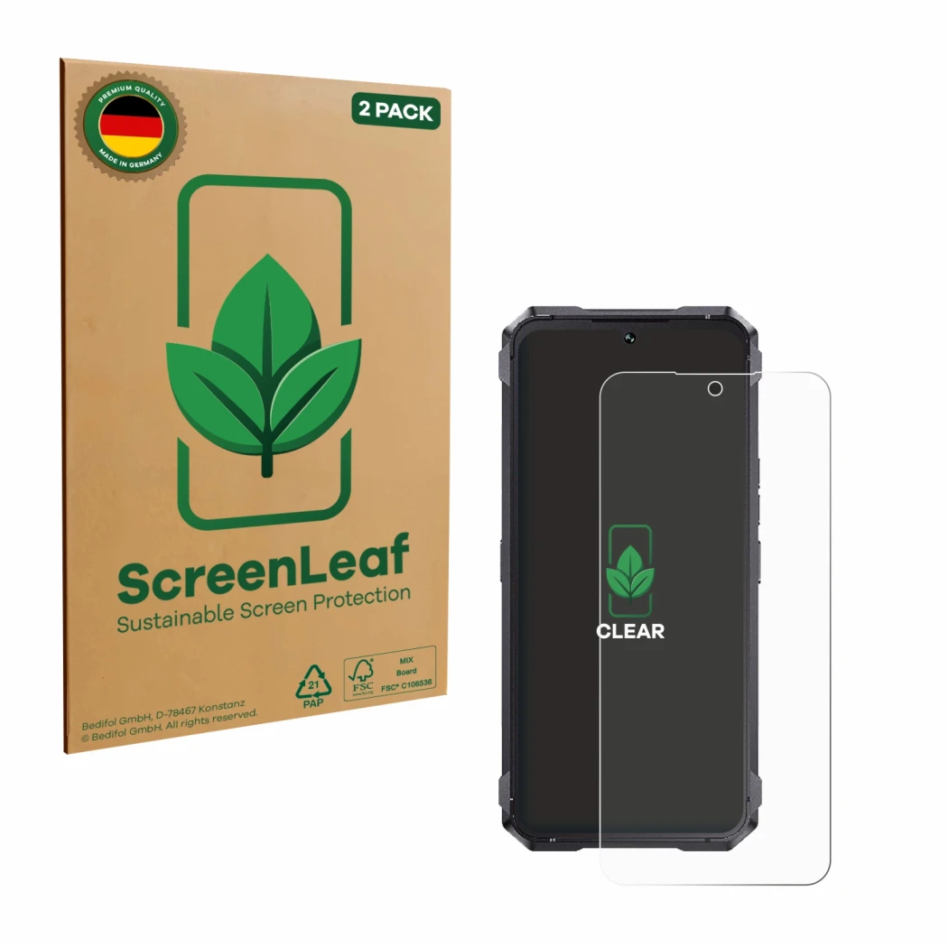 Parte frontale di una confezione del prodotto con il logo del marchio ScreenLeaf. Accanto è raffigurato il dispositivo Cubot K