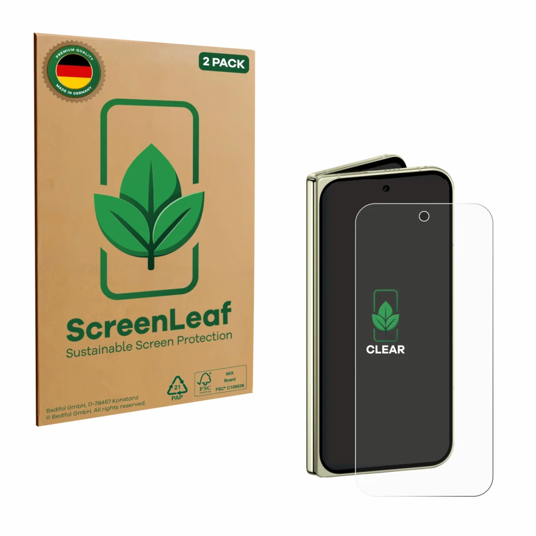 Parte frontale di una confezione del prodotto con il logo del marchio ScreenLeaf. Accanto è raffigurato il dispositivo Google 