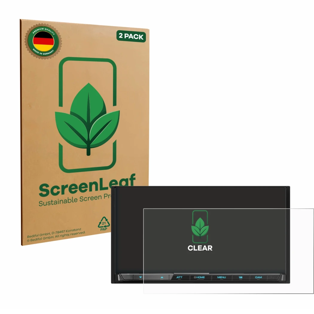 Parte frontale di una confezione del prodotto con il logo del marchio ScreenLeaf. Accanto è raffigurato il dispositivo Kenwood