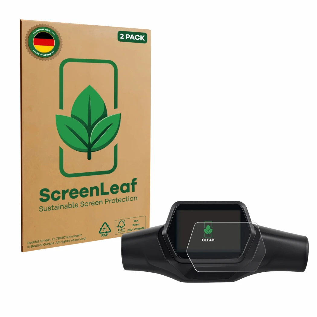 Parte frontale di una confezione del prodotto con il logo del marchio ScreenLeaf. Accanto è raffigurato il dispositivo Segway 