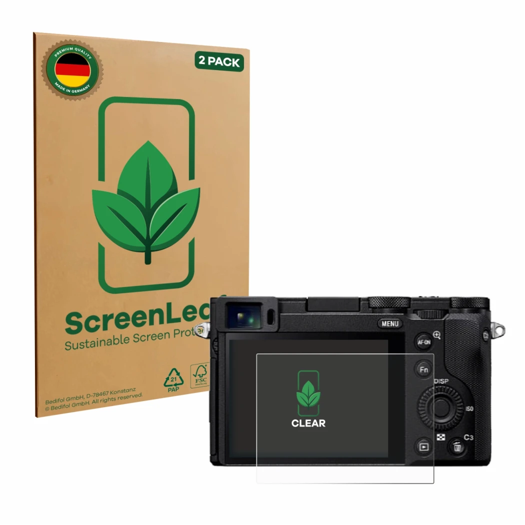 Parte frontale di una confezione del prodotto con il logo del marchio ScreenLeaf. Accanto è raffigurato il dispositivo Sony RX