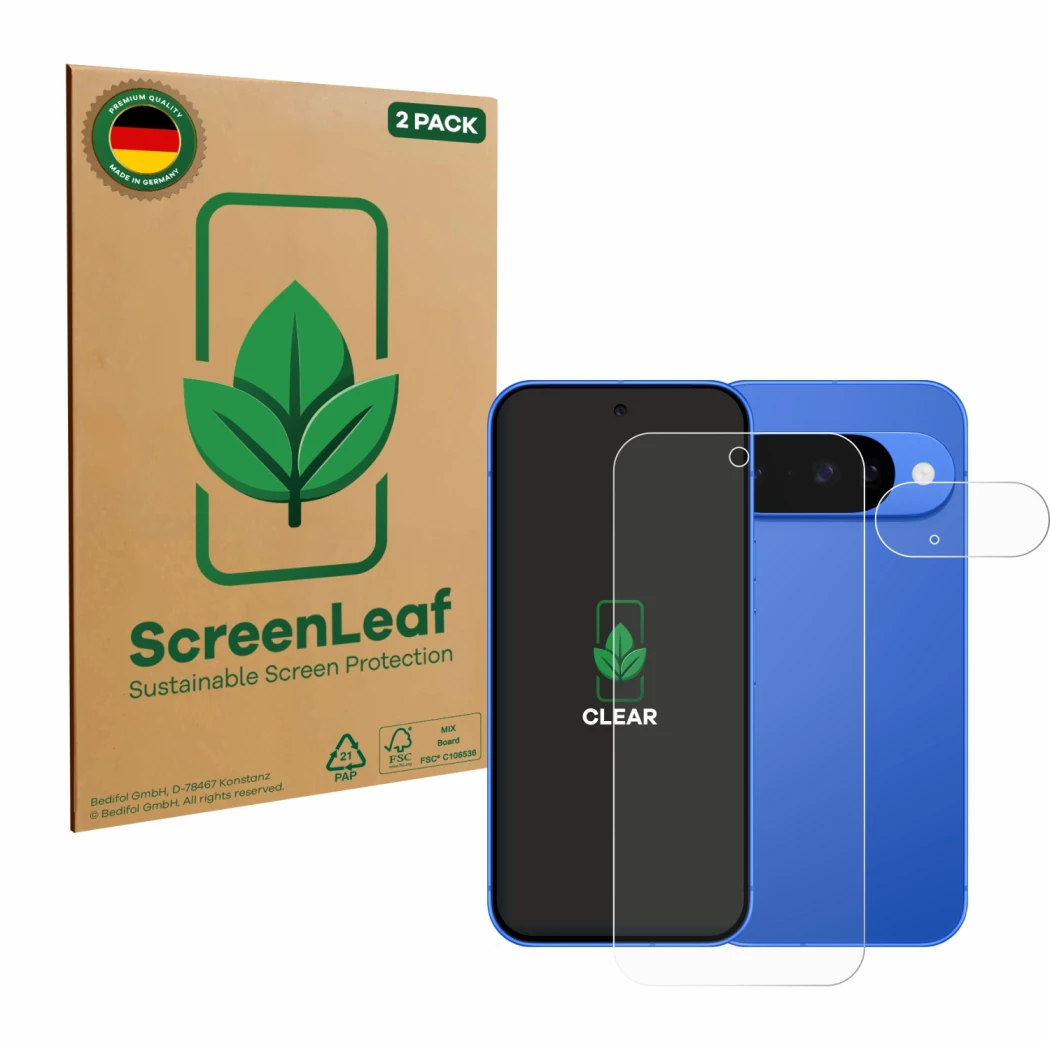 Parte frontale di una confezione del prodotto con il logo del marchio ScreenLeaf. Accanto è raffigurato il dispositivo Google 