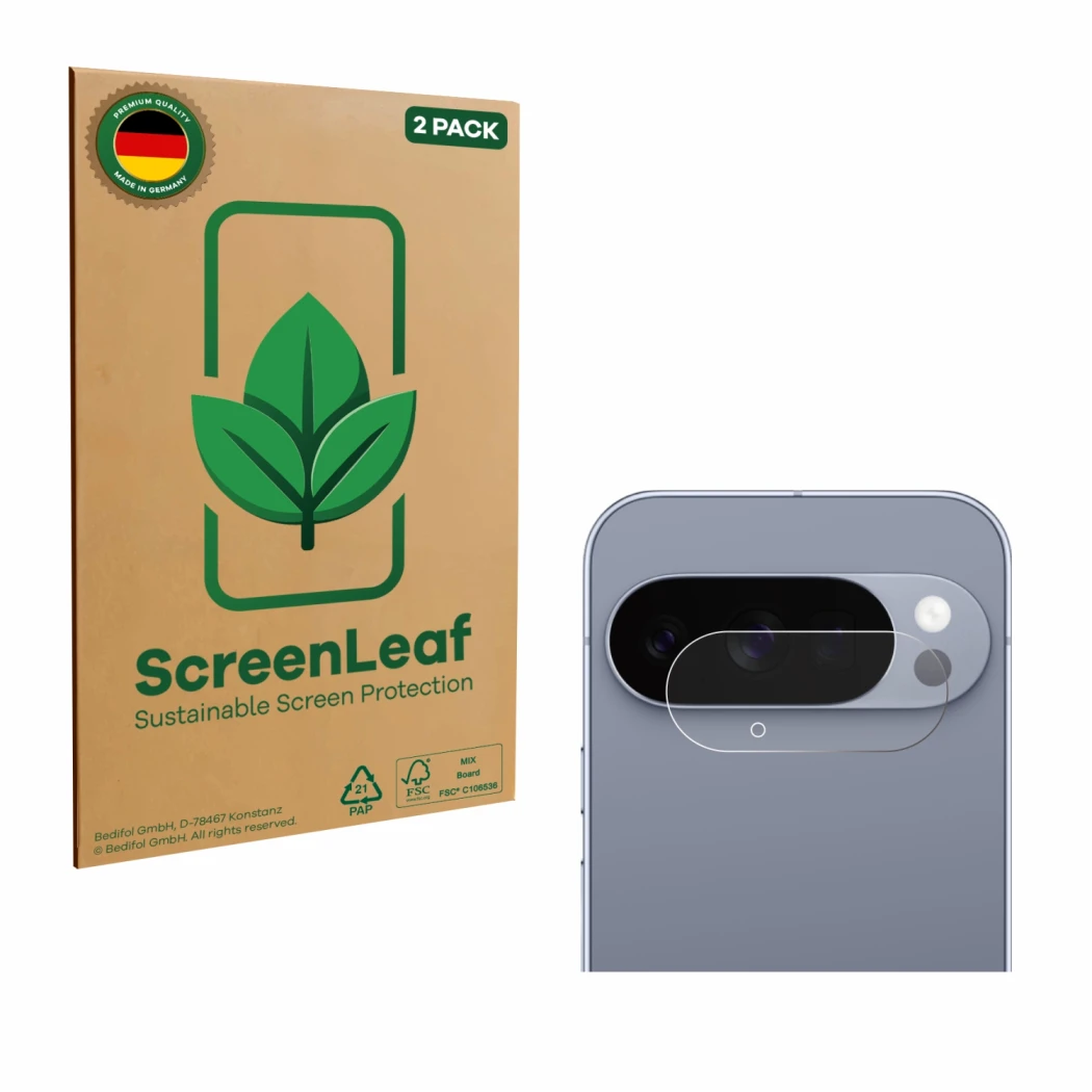 Parte frontale di una confezione del prodotto con il logo del marchio ScreenLeaf. Accanto è raffigurato il dispositivo Google 