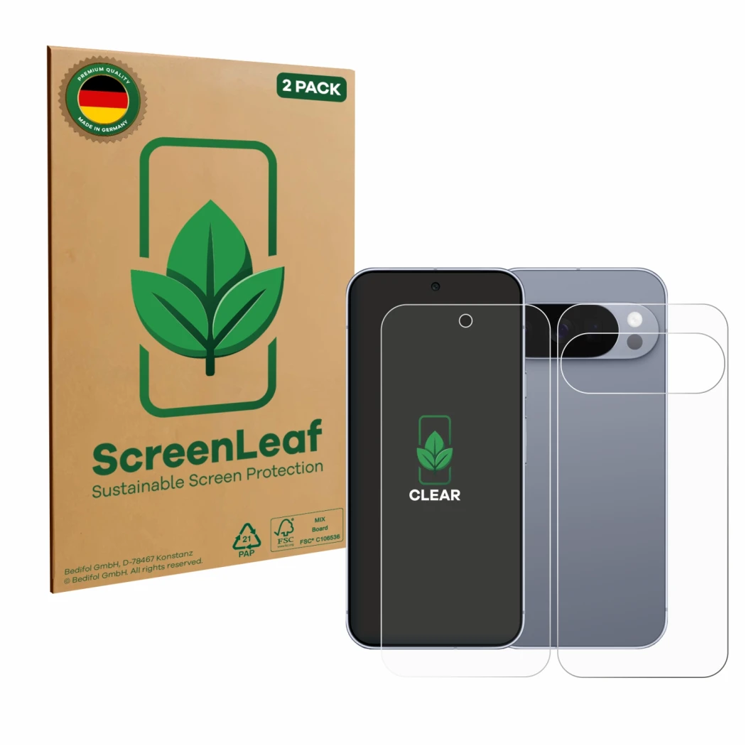 Parte frontale di una confezione del prodotto con il logo del marchio ScreenLeaf. Accanto è raffigurato il dispositivo Google 