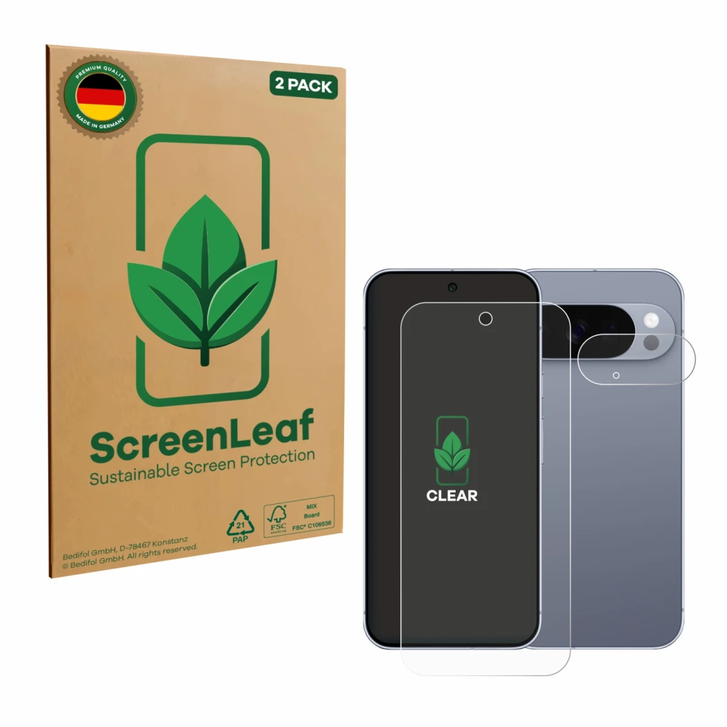 Parte frontale di una confezione del prodotto con il logo del marchio ScreenLeaf. Accanto è raffigurato il dispositivo Google 