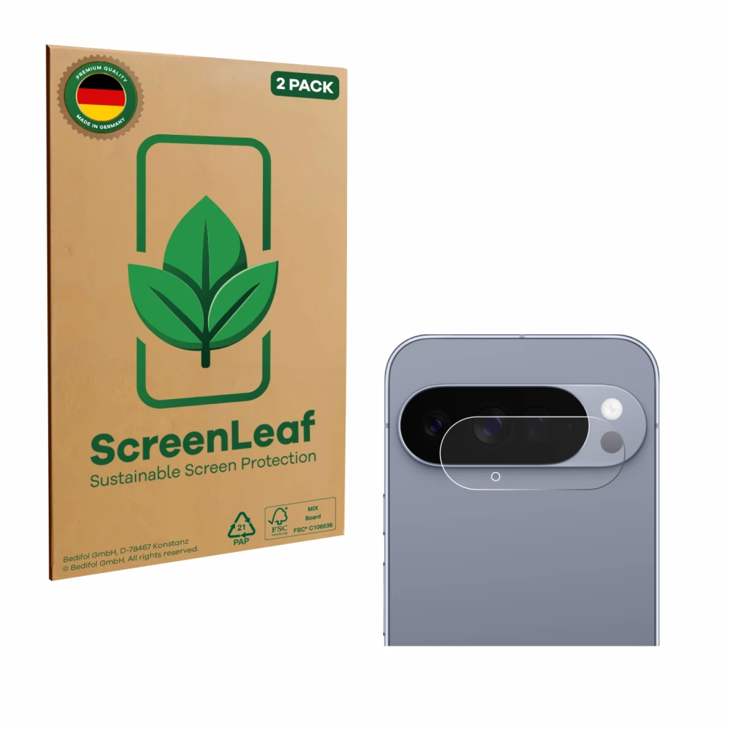 Parte frontale di una confezione del prodotto con il logo del marchio ScreenLeaf. Accanto è raffigurato il dispositivo Google 