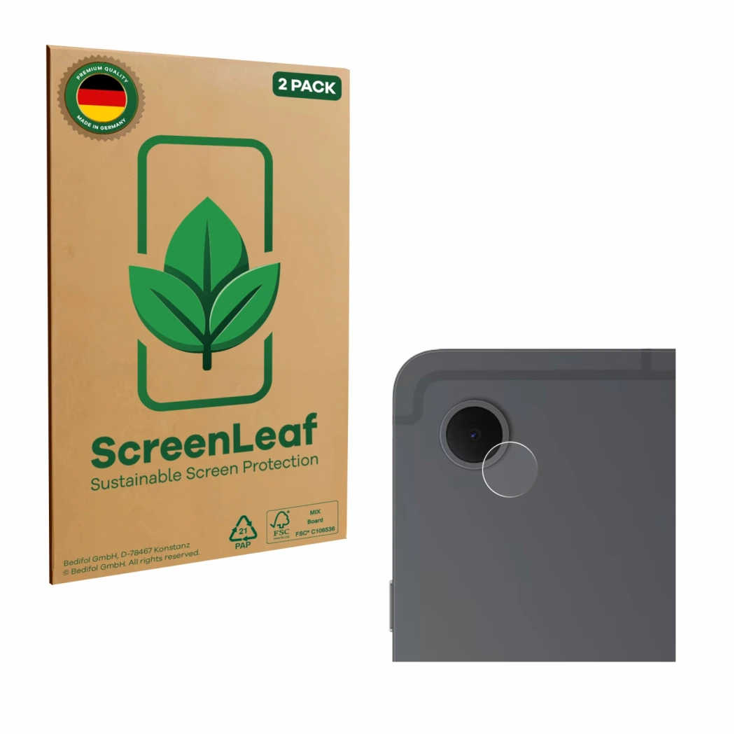 Parte frontale di una confezione del prodotto con il logo del marchio ScreenLeaf. Accanto è raffigurato il dispositivo Samsung