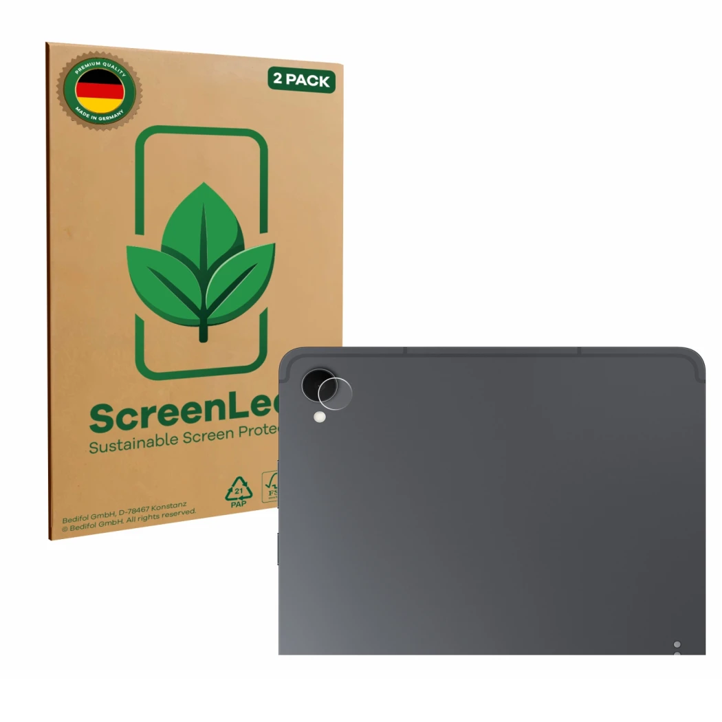 Parte frontale di una confezione del prodotto con il logo del marchio ScreenLeaf. Accanto è raffigurato il dispositivo Samsung