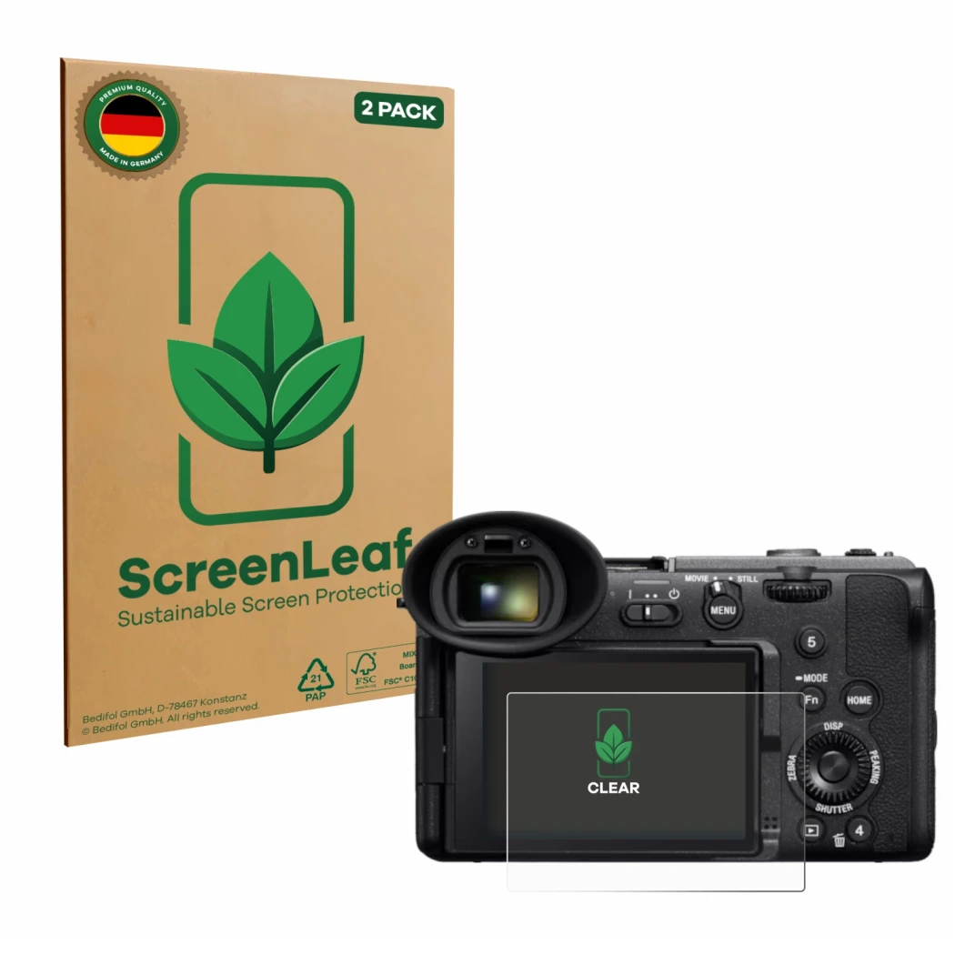 Parte frontale di una confezione del prodotto con il logo del marchio ScreenLeaf. Accanto è raffigurato il dispositivo Sony Ci