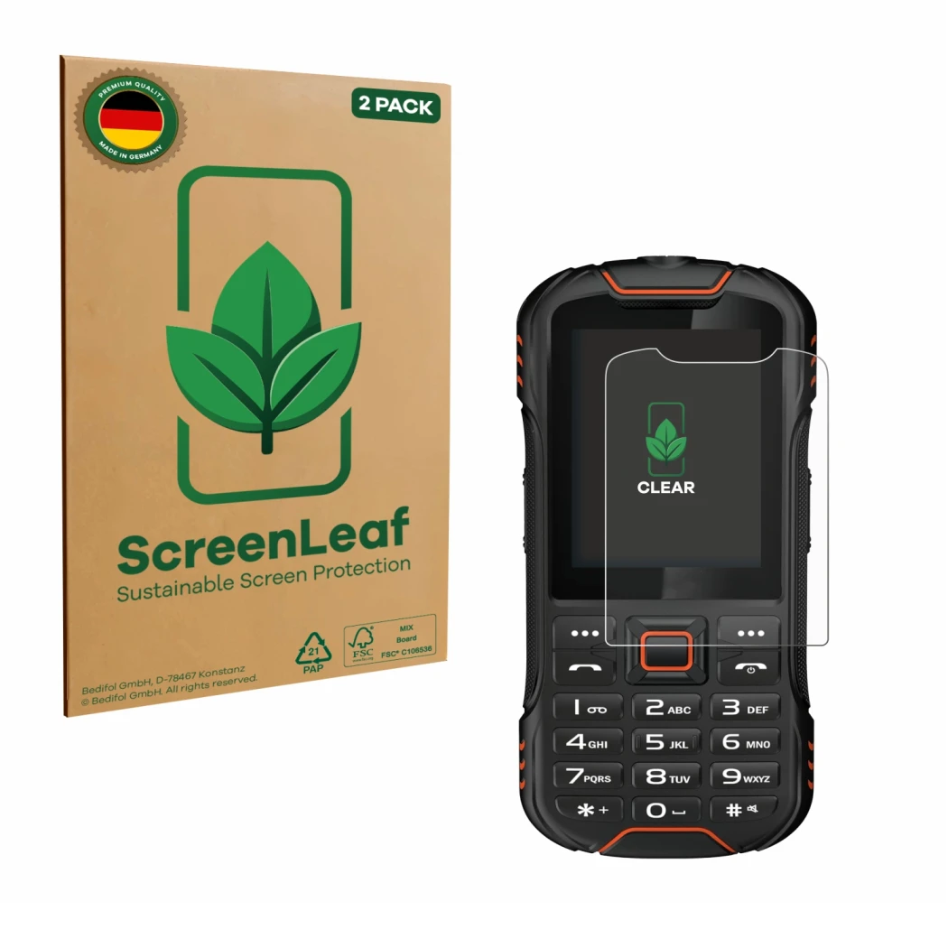 Parte frontale di una confezione del prodotto con il logo del marchio ScreenLeaf. Accanto è raffigurato il dispositivo Gigaset