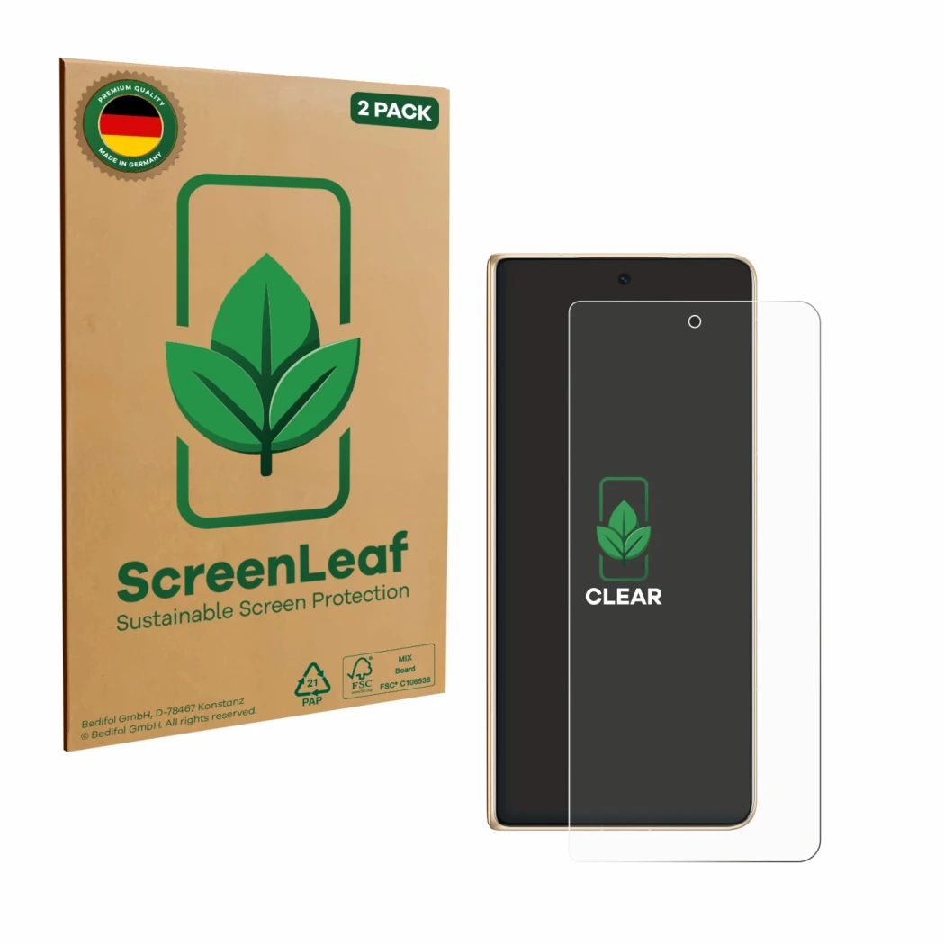 Parte frontale di una confezione del prodotto con il logo del marchio ScreenLeaf. Accanto è raffigurato il dispositivo Honor M