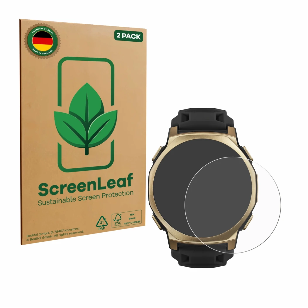 Parte frontale di una confezione del prodotto con il logo del marchio ScreenLeaf. Accanto è raffigurato il dispositivo Huami A