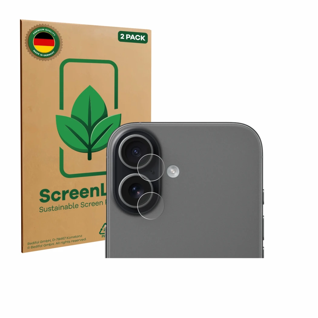 Parte frontale di una confezione del prodotto con il logo del marchio ScreenLeaf. Accanto è raffigurato il dispositivo Apple i