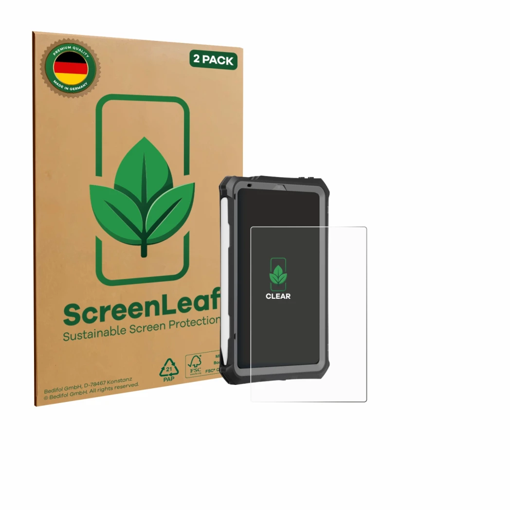 Parte frontale di una confezione del prodotto con il logo del marchio ScreenLeaf. Accanto è raffigurato il dispositivo Apple i