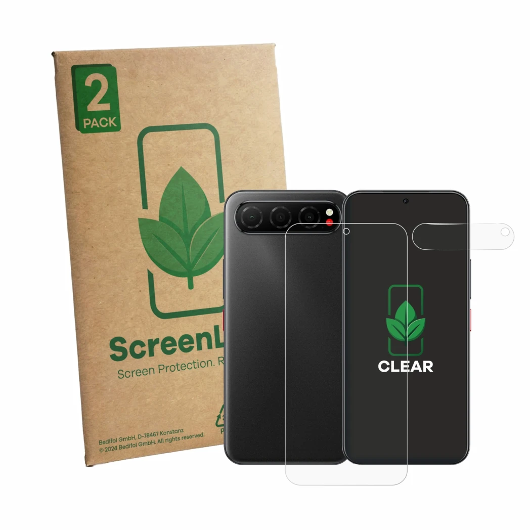 Parte frontale di una confezione del prodotto con il logo del marchio ScreenLeaf. Accanto è raffigurato il dispositivo Nubia A