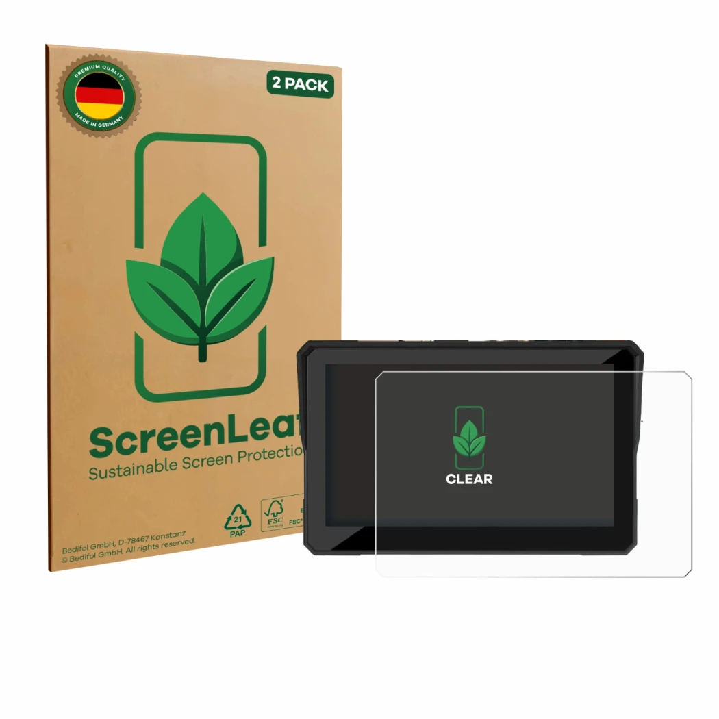 Parte frontale di una confezione del prodotto con il logo del marchio ScreenLeaf. Accanto è raffigurato il dispositivo Carpuri