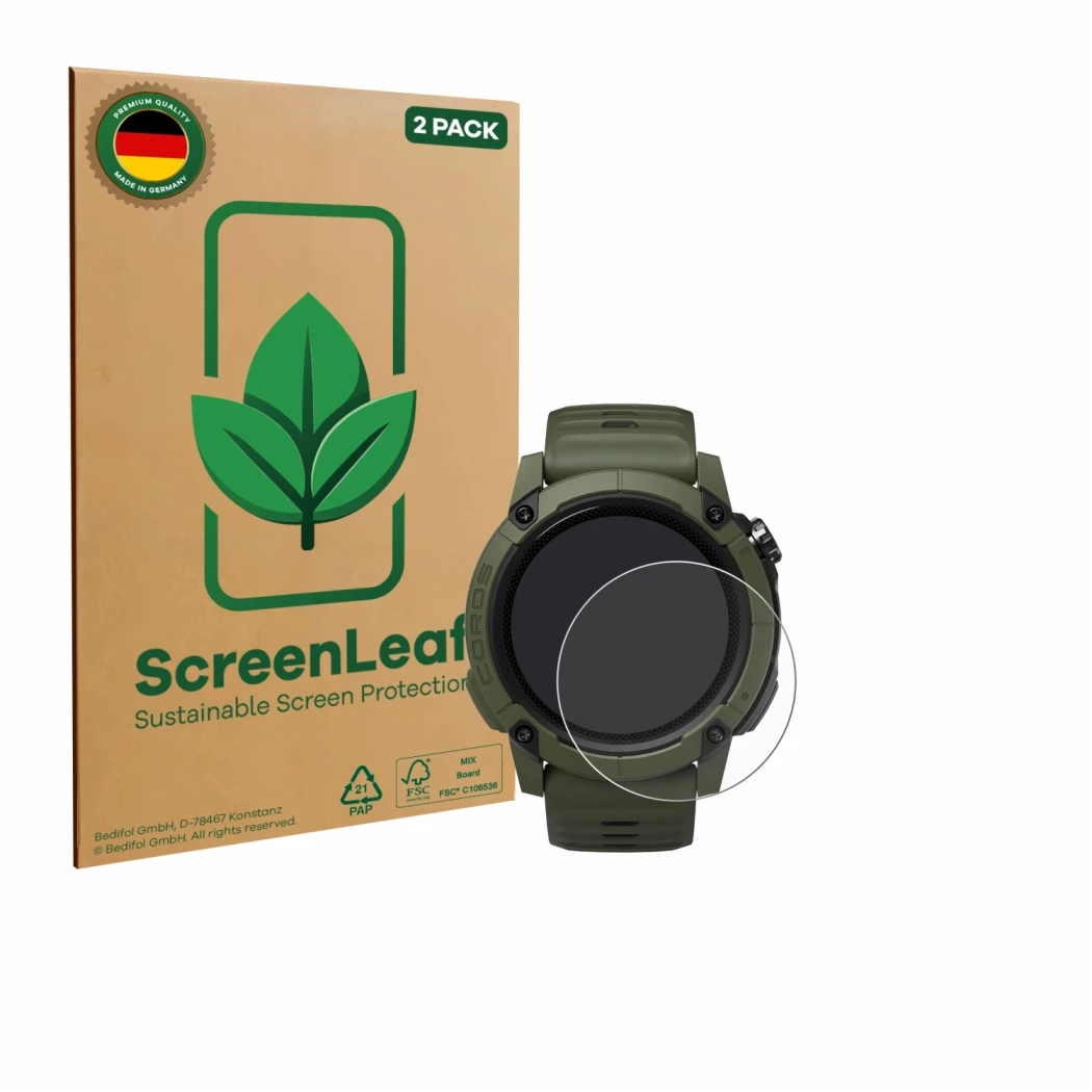 Parte frontale di una confezione del prodotto con il logo del marchio ScreenLeaf. Accanto è raffigurato il dispositivo Coros N