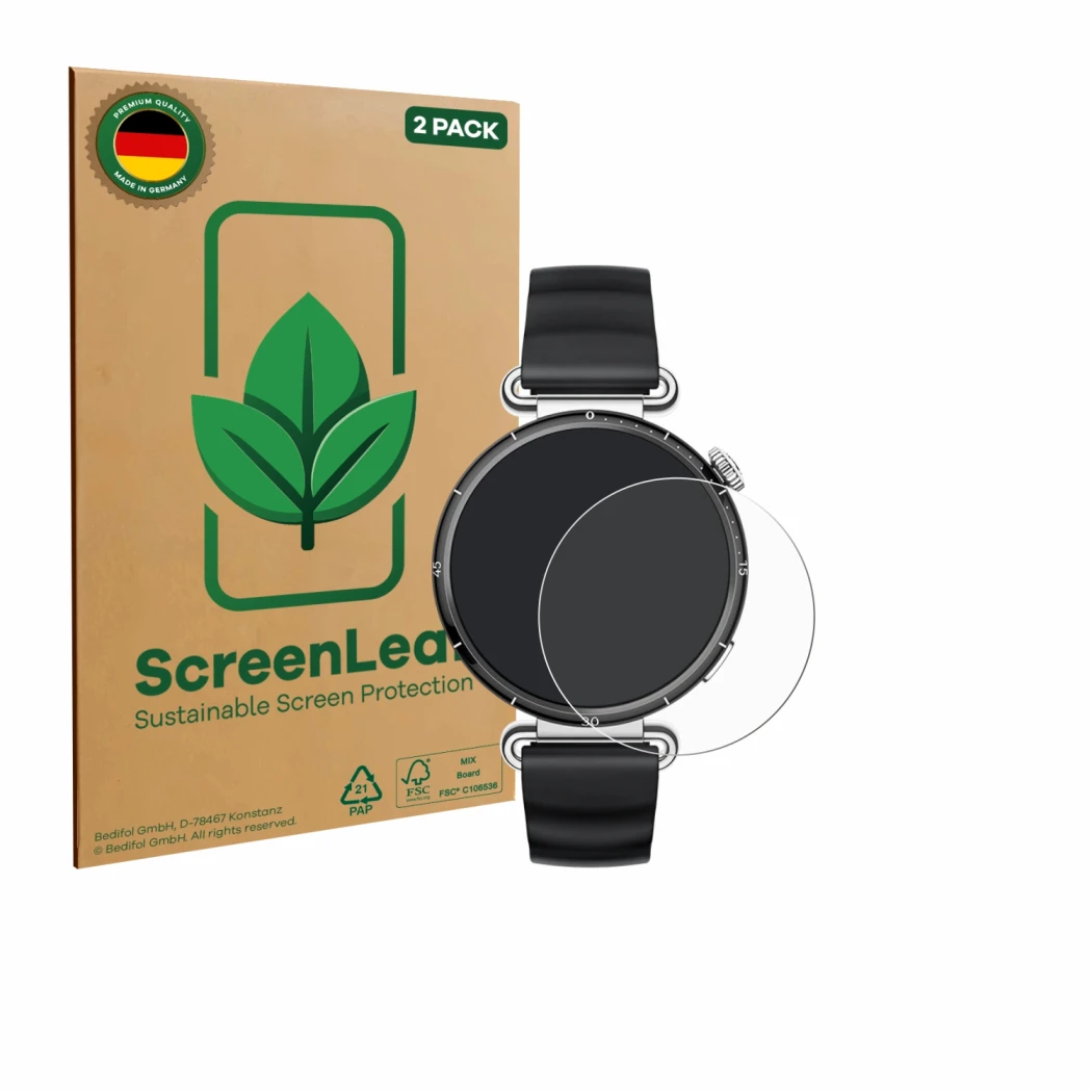 Parte frontale di una confezione del prodotto con il logo del marchio ScreenLeaf. Accanto è raffigurato il dispositivo Huawei 