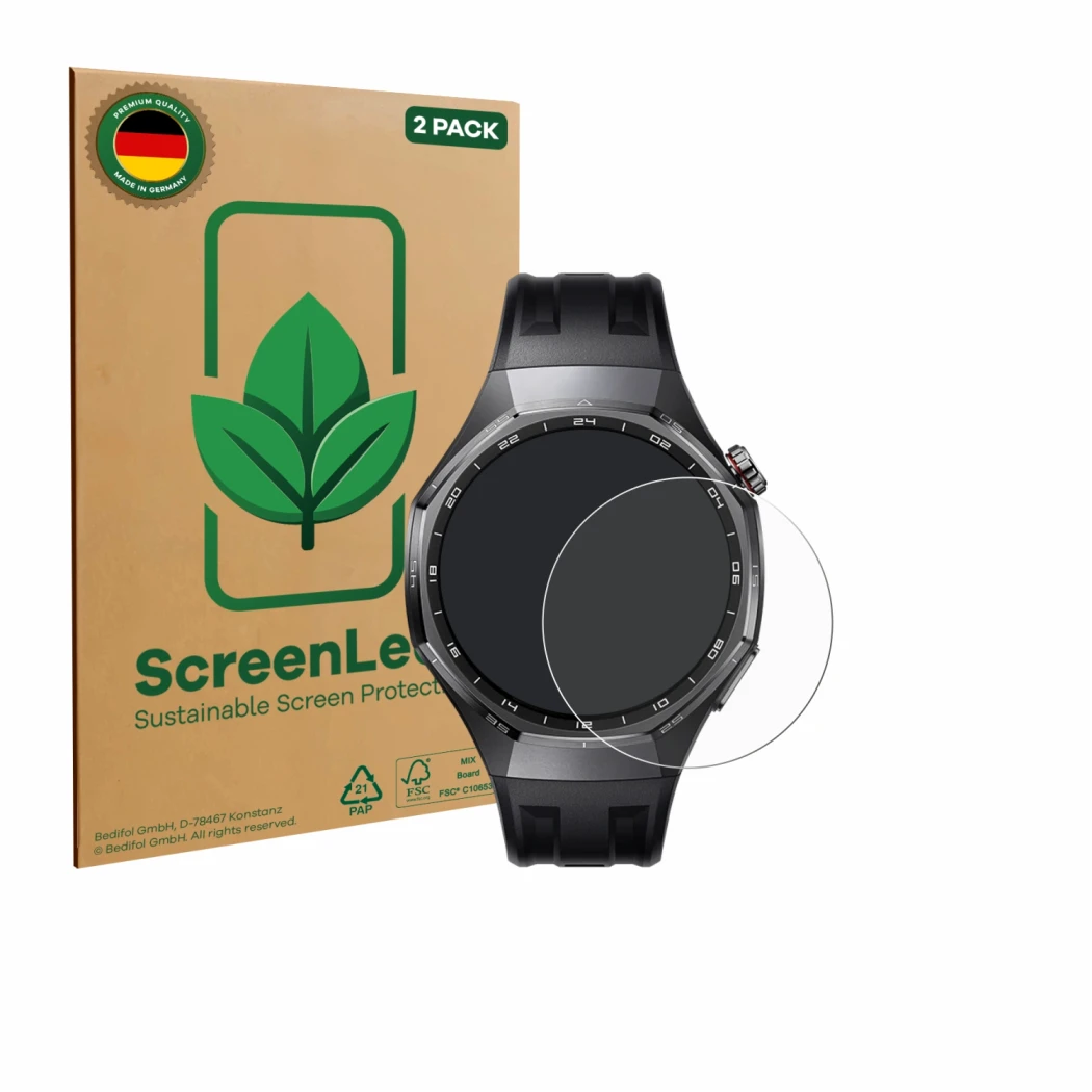 Parte frontale di una confezione del prodotto con il logo del marchio ScreenLeaf. Accanto è raffigurato il dispositivo Huawei 