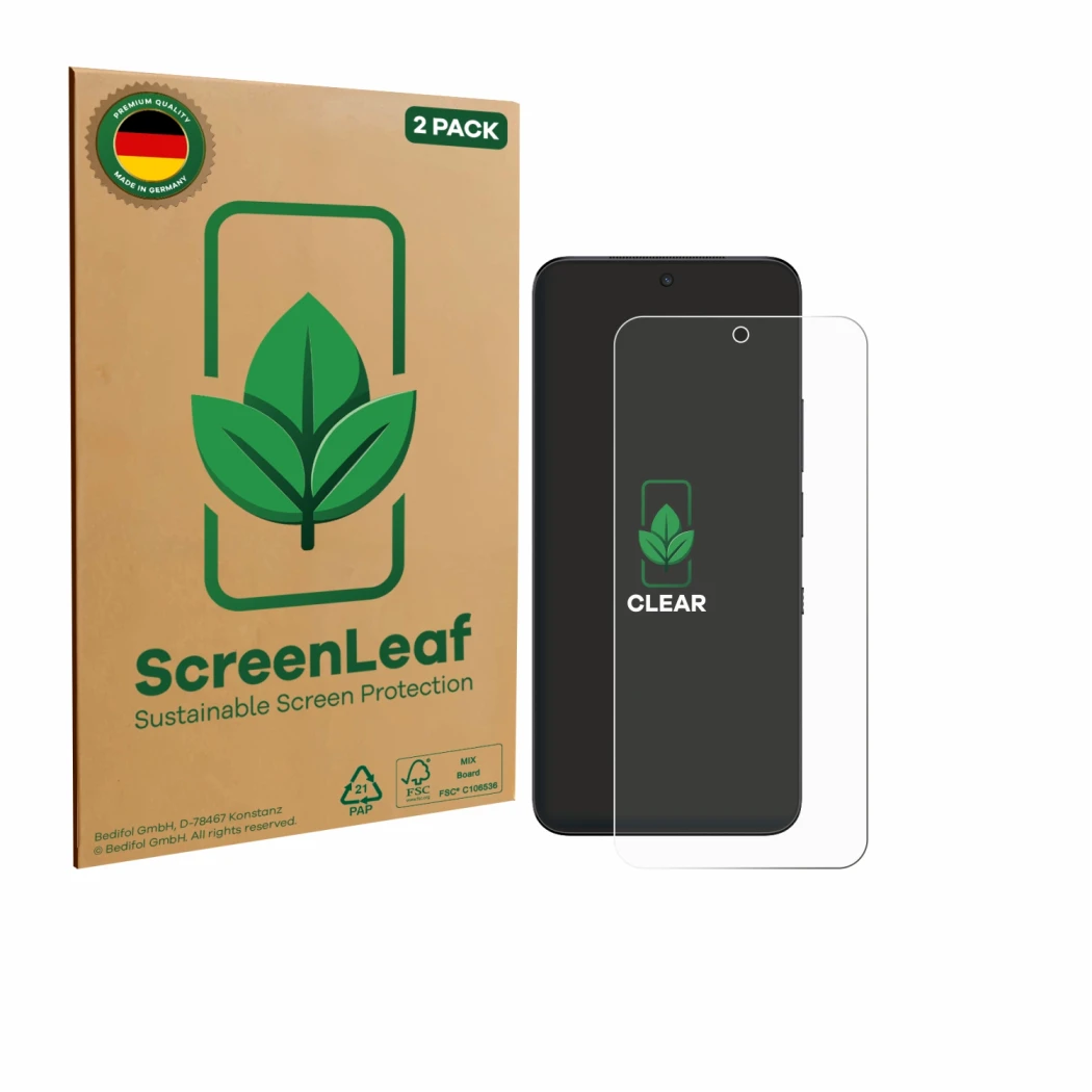 Parte frontale di una confezione del prodotto con il logo del marchio ScreenLeaf. Accanto è raffigurato il dispositivo TCL NXT