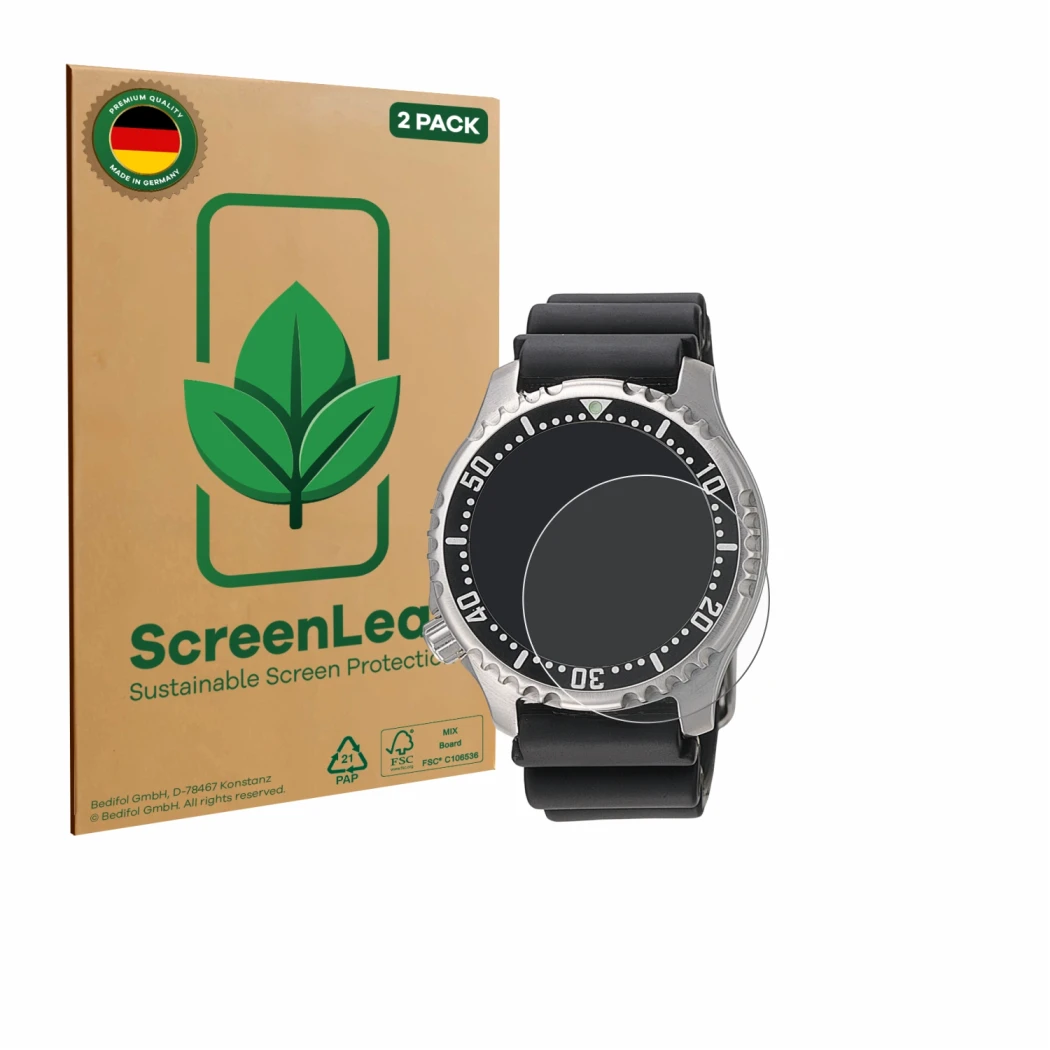 Parte frontale di una confezione del prodotto con il logo del marchio ScreenLeaf. Accanto è raffigurato il dispositivo Citizen