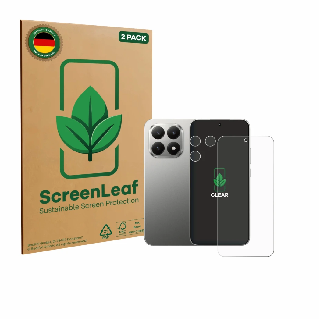Parte frontale di una confezione del prodotto con il logo del marchio ScreenLeaf. Accanto è raffigurato il dispositivo Xiaomi 