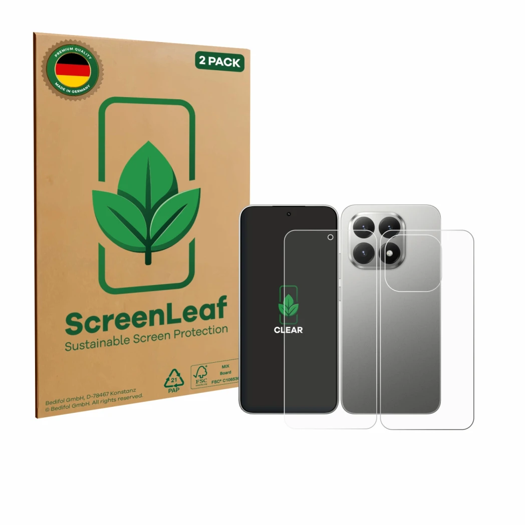 Parte frontale di una confezione del prodotto con il logo del marchio ScreenLeaf. Accanto è raffigurato il dispositivo Xiaomi 