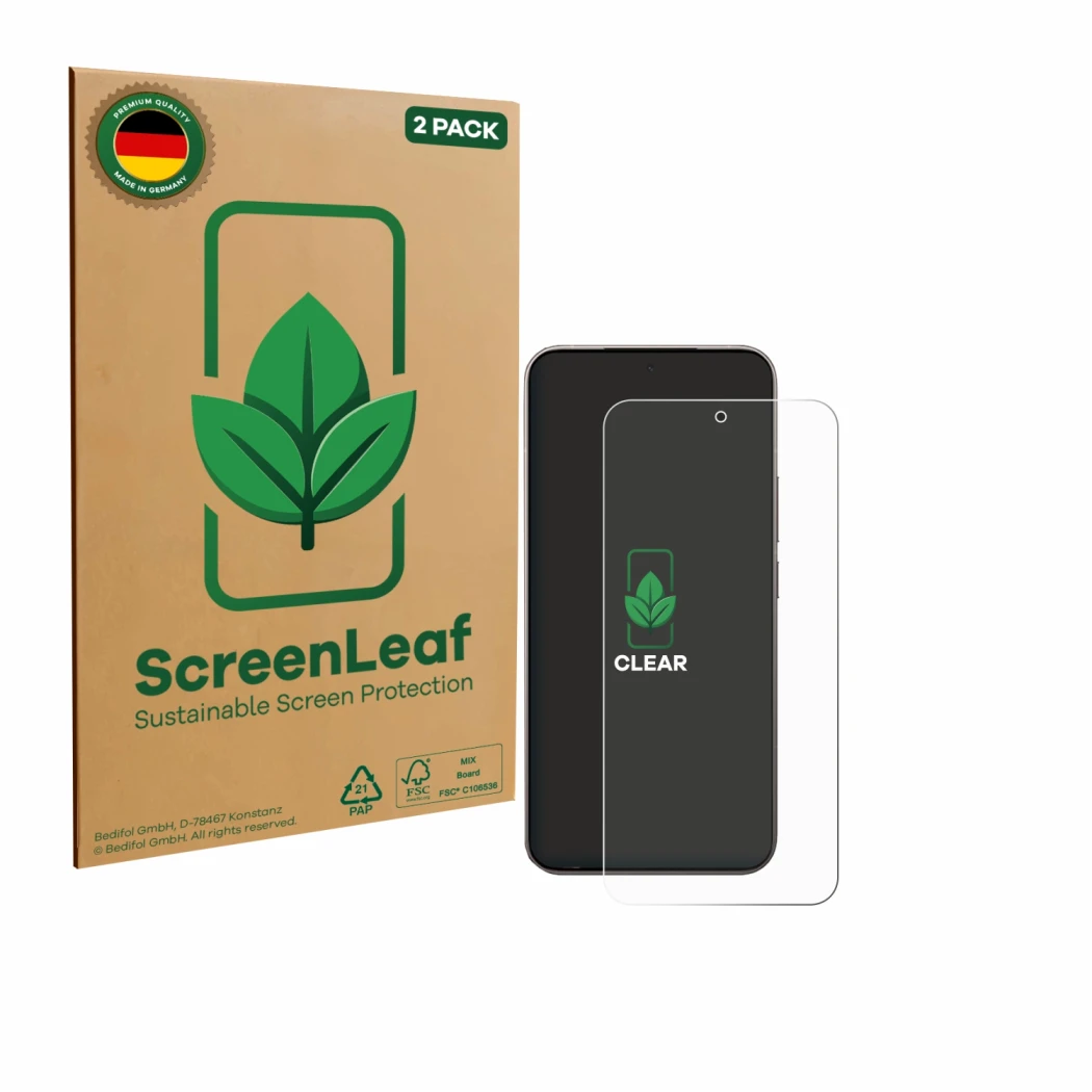 Parte frontale di una confezione del prodotto con il logo del marchio ScreenLeaf. Accanto è raffigurato il dispositivo Xiaomi 