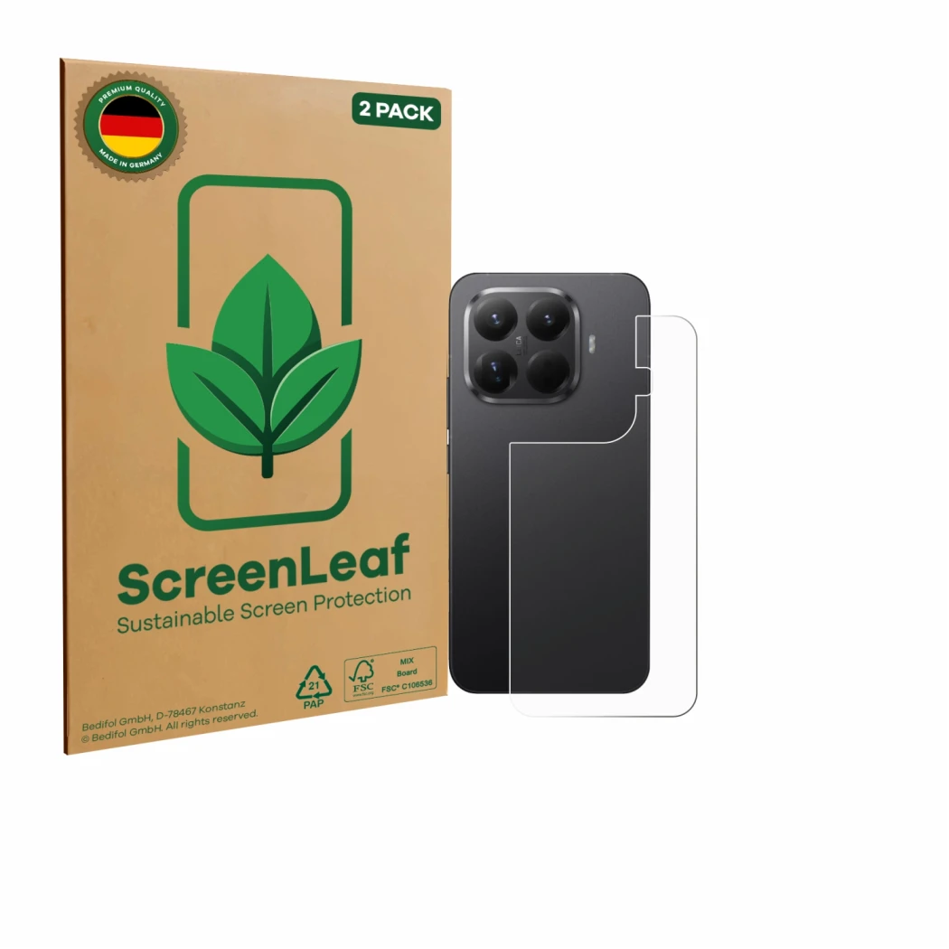 Parte frontale di una confezione del prodotto con il logo del marchio ScreenLeaf. Accanto è raffigurato il dispositivo Xiaomi 