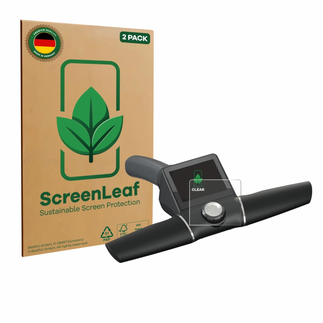 Parte frontale di una confezione del prodotto con il logo del marchio ScreenLeaf. Accanto è raffigurato il dispositivo Motocad