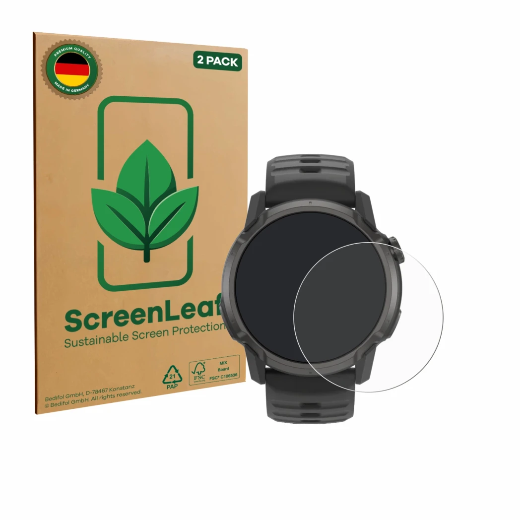 Parte frontale di una confezione del prodotto con il logo del marchio ScreenLeaf. Accanto è raffigurato il dispositivo Coros A