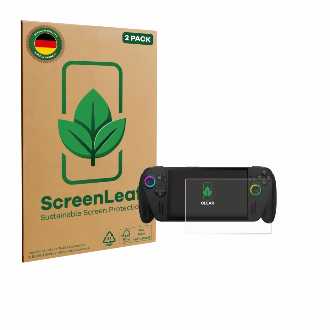 Parte frontale di una confezione del prodotto con il logo del marchio ScreenLeaf. Accanto è raffigurato il dispositivo ASUS RO