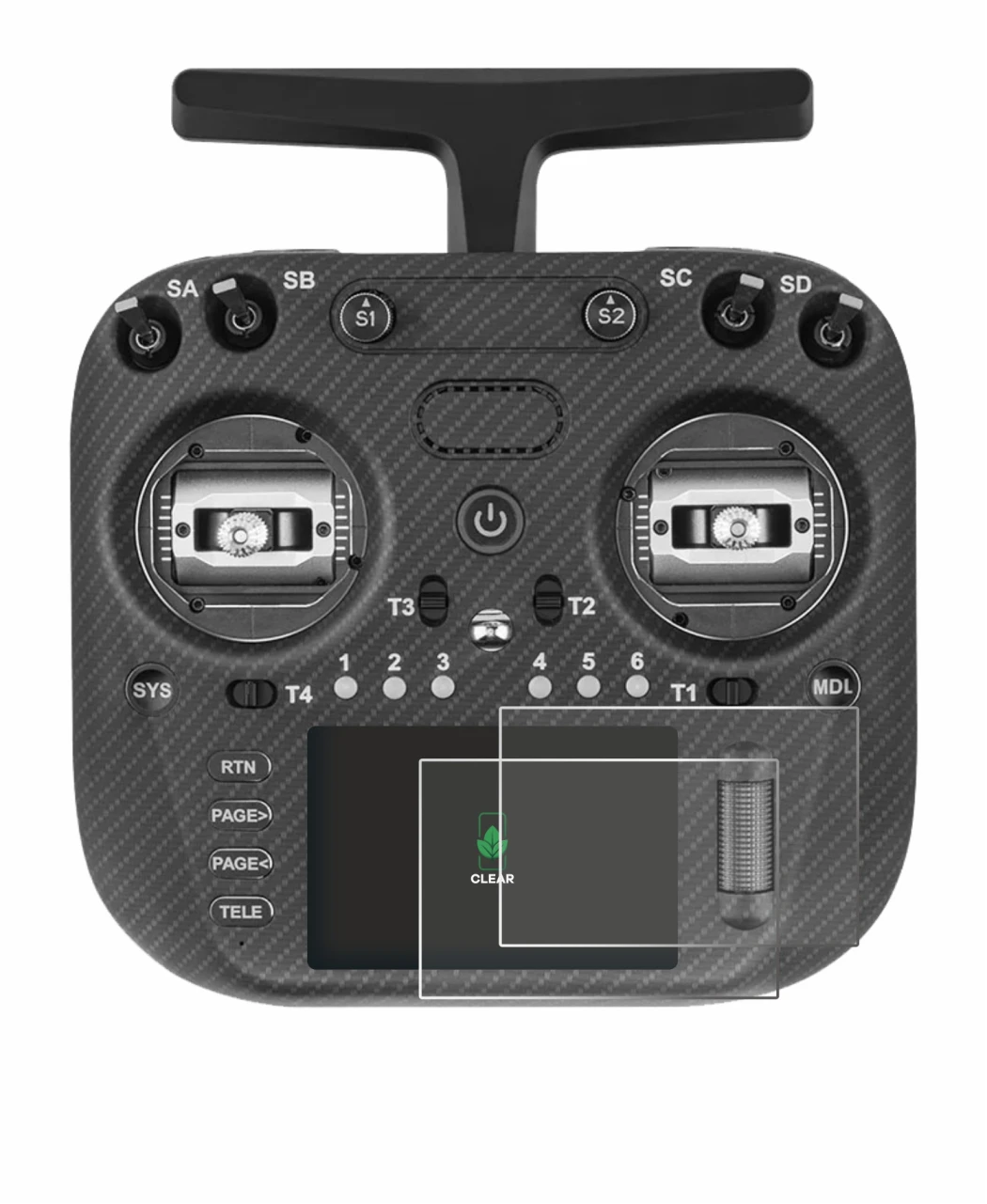 Immagine del dispositivo Radiomaster TX15 Max con un'ampia varietà di protezioni per lo schermo.