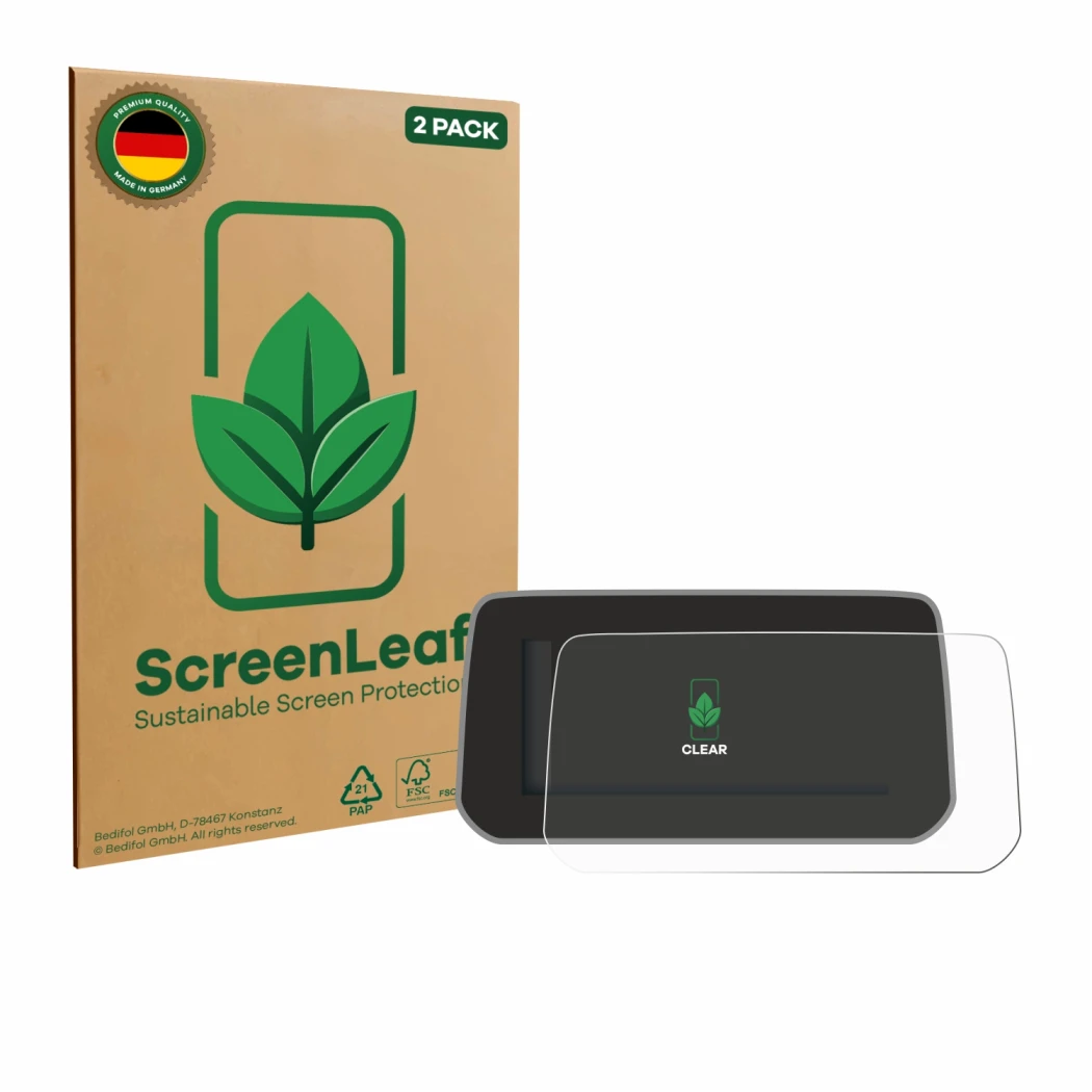 Parte frontale di una confezione del prodotto con il logo del marchio ScreenLeaf. Accanto è raffigurato il dispositivo Mazda C