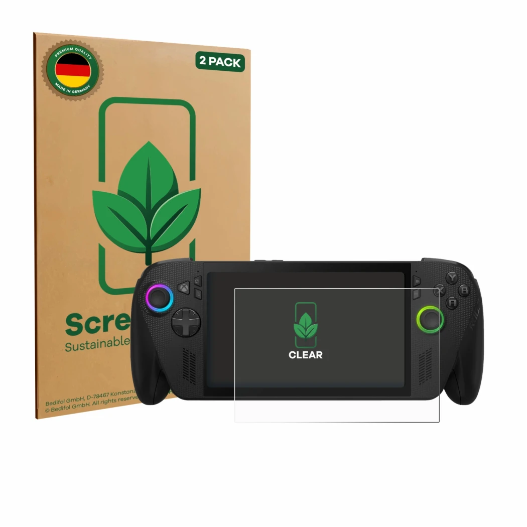 Parte frontale di una confezione del prodotto con il logo del marchio ScreenLeaf. Accanto è raffigurato il dispositivo ASUS RO