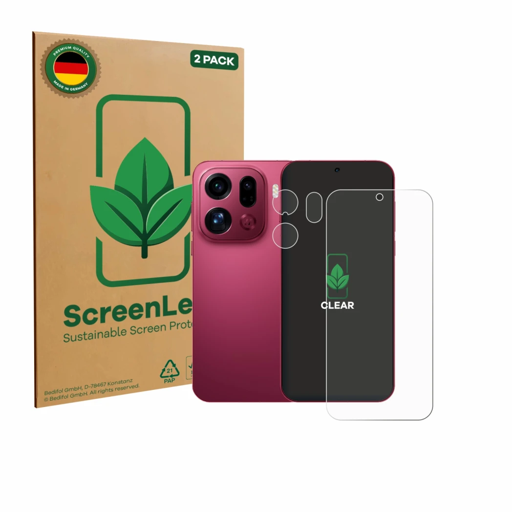 Parte frontale di una confezione del prodotto con il logo del marchio ScreenLeaf. Accanto è raffigurato il dispositivo Oppo Fi