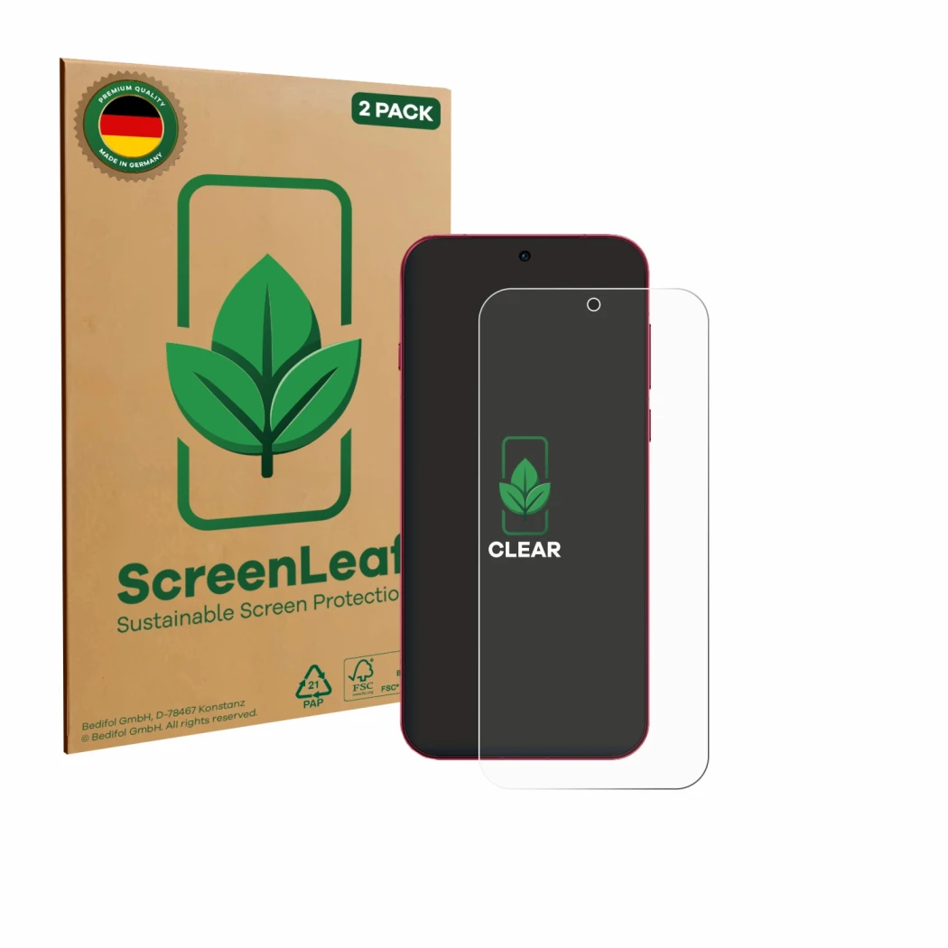 Parte frontale di una confezione del prodotto con il logo del marchio ScreenLeaf. Accanto è raffigurato il dispositivo Oppo Fi