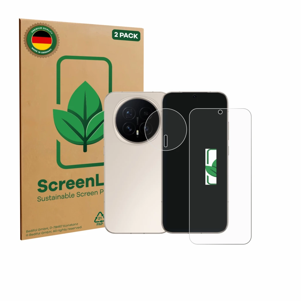 Parte frontale di una confezione del prodotto con il logo del marchio ScreenLeaf. Accanto è raffigurato il dispositivo Honor M