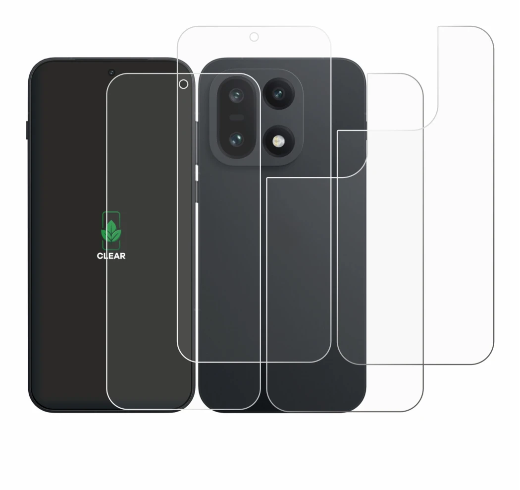 Immagine del dispositivo OnePlus 15 (Fronte+Retro) con un'ampia varietà di protezioni per lo schermo.