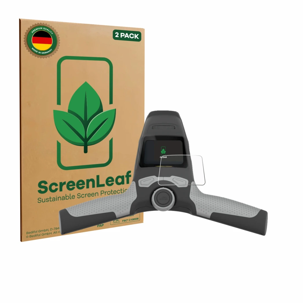Parte frontale di una confezione del prodotto con il logo del marchio ScreenLeaf. Accanto è raffigurato il dispositivo PowaKad