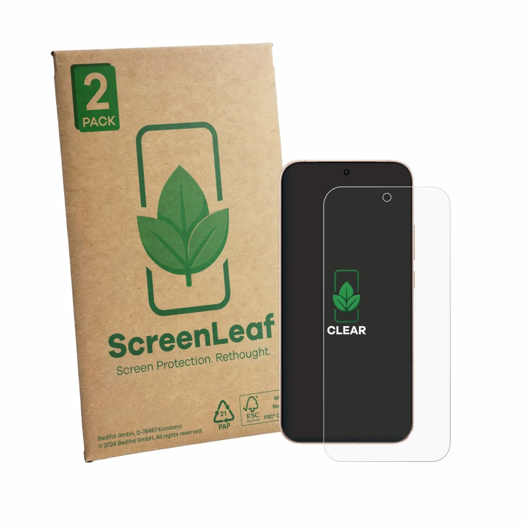 Parte frontale di una confezione del prodotto con il logo del marchio ScreenLeaf. Accanto è raffigurato il dispositivo Oppo Re
