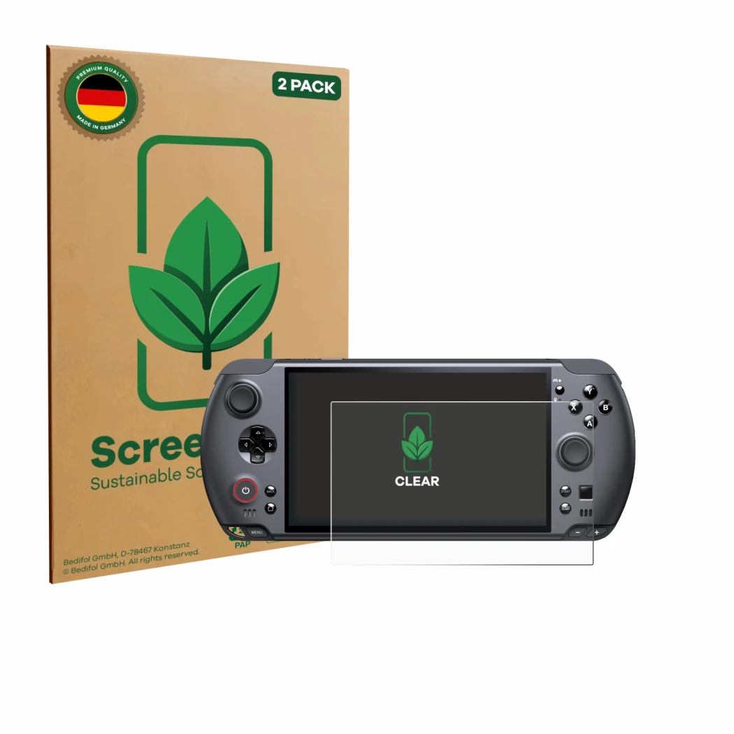 Parte frontale di una confezione del prodotto con il logo del marchio ScreenLeaf. Accanto è raffigurato il dispositivo GPD Win