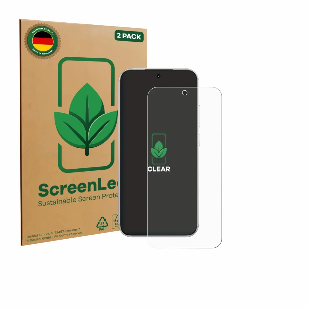 Parte frontale di una confezione del prodotto con il logo del marchio ScreenLeaf. Accanto è raffigurato il dispositivo Xiaomi 