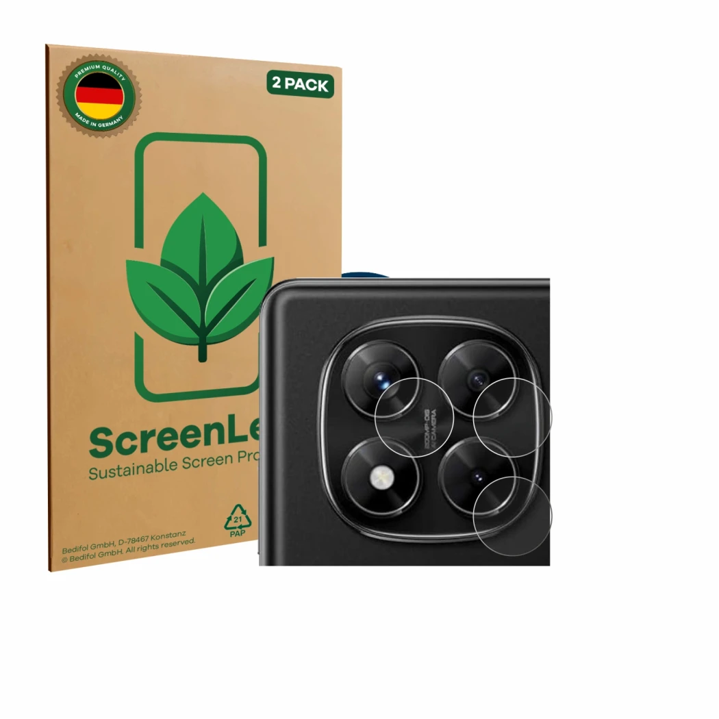 Parte frontale di una confezione del prodotto con il logo del marchio ScreenLeaf. Accanto è raffigurato il dispositivo Xiaomi 