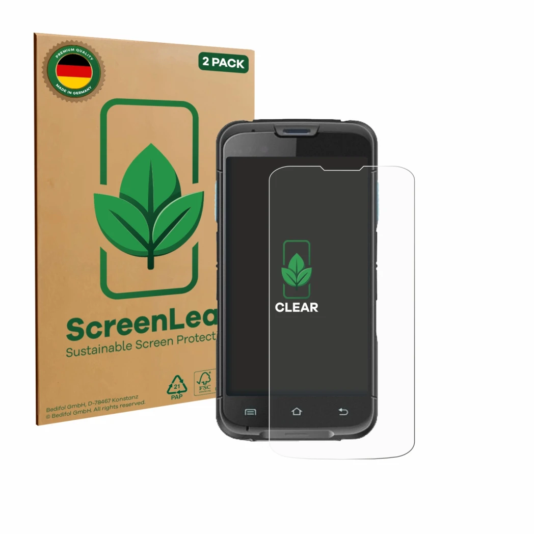 Parte frontale di una confezione del prodotto con il logo del marchio ScreenLeaf. Accanto è raffigurato il dispositivo Unitech