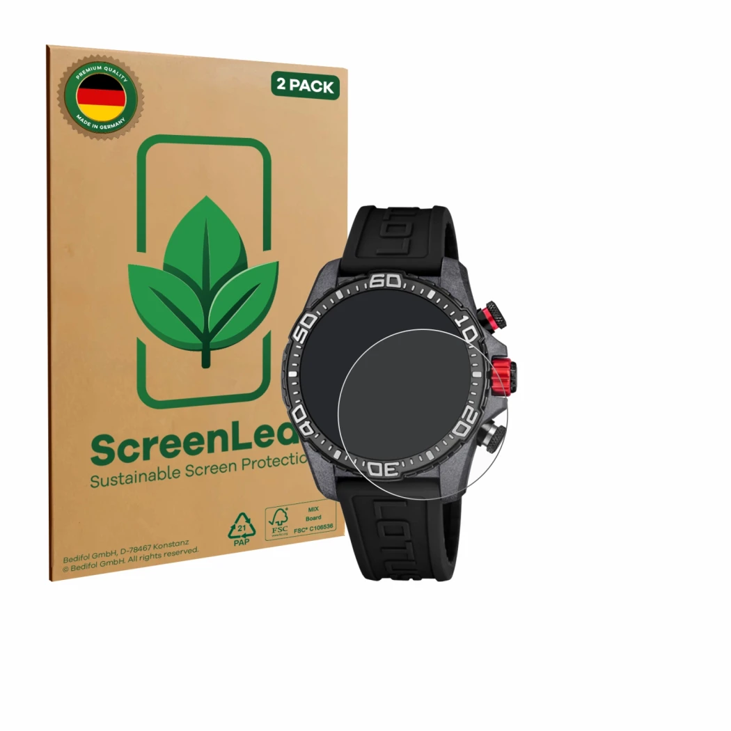 Parte frontale di una confezione del prodotto con il logo del marchio ScreenLeaf. Accanto è raffigurato il dispositivo Lotus C