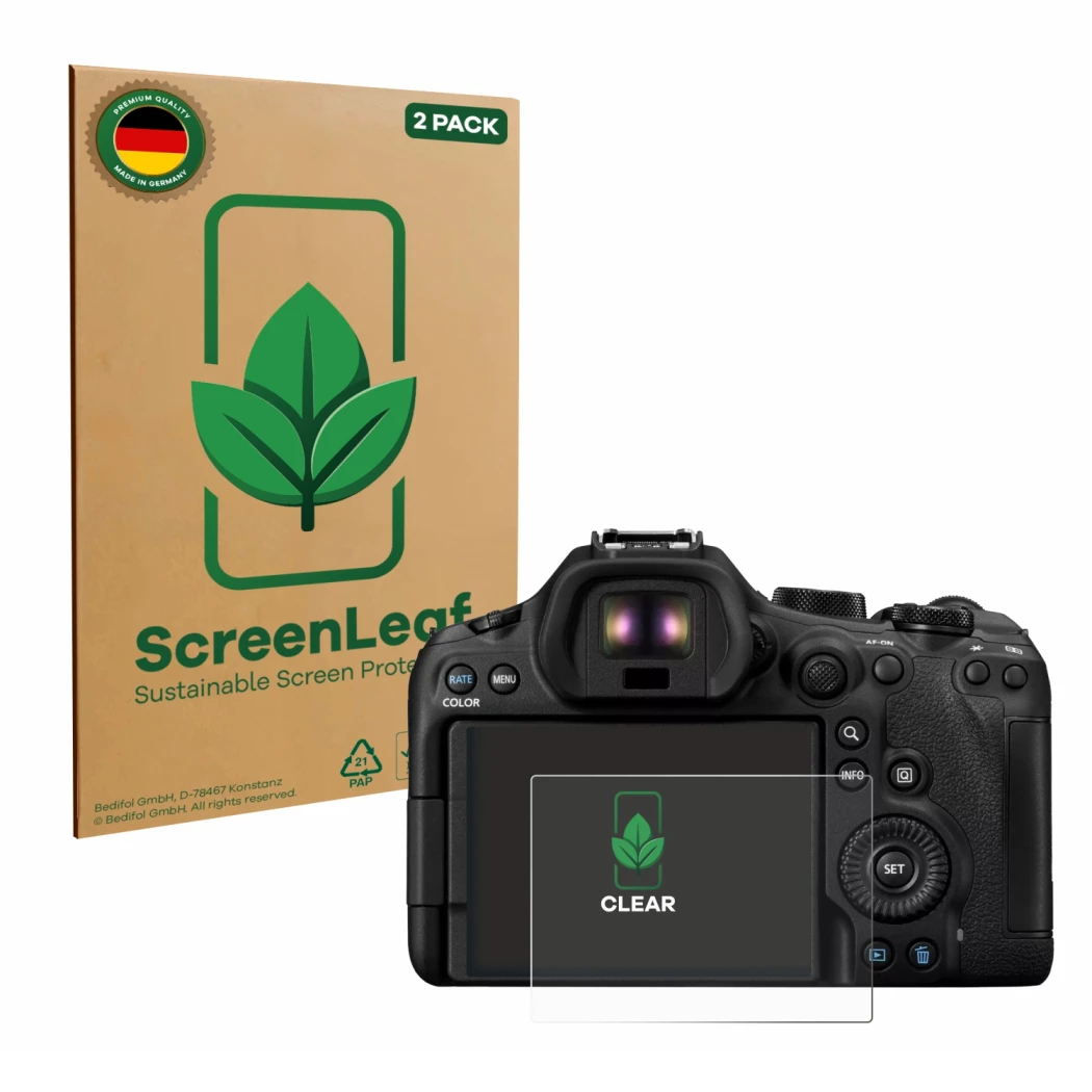 Parte frontale di una confezione del prodotto con il logo del marchio ScreenLeaf. Accanto è raffigurato il dispositivo Canon E