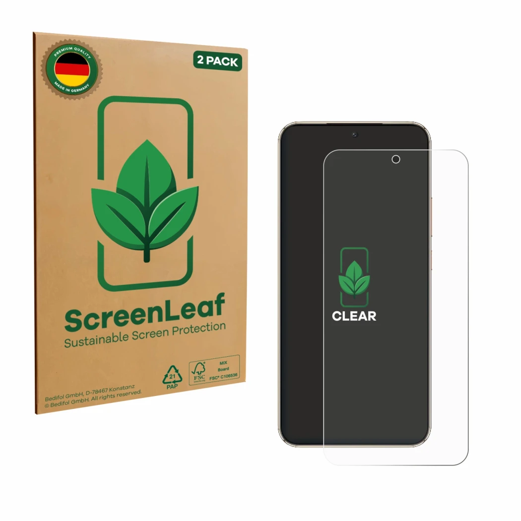 Parte frontale di una confezione del prodotto con il logo del marchio ScreenLeaf. Accanto è raffigurato il dispositivo Honor M