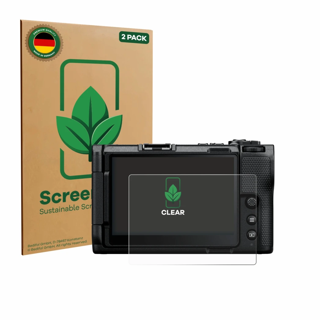 Parte frontale di una confezione del prodotto con il logo del marchio ScreenLeaf. Accanto è raffigurato il dispositivo Nikon Z