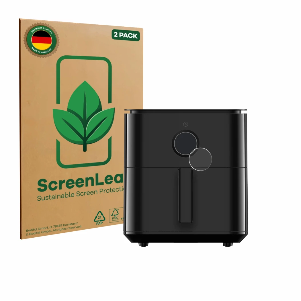 Parte frontale di una confezione del prodotto con il logo del marchio ScreenLeaf. Accanto è raffigurato il dispositivo Xiaomi 